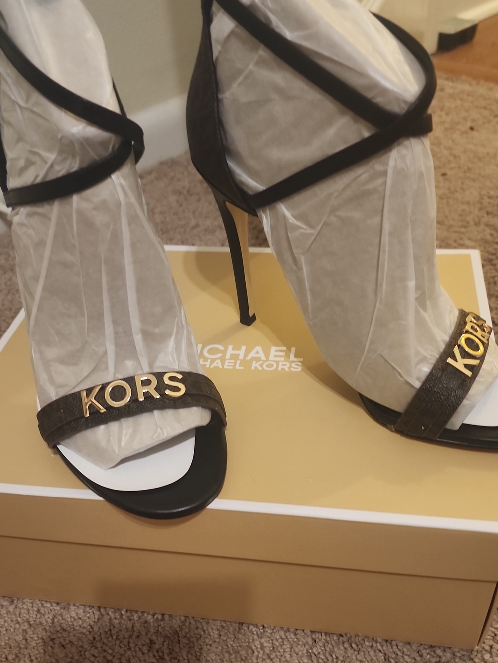 Michael Kors Brown and Black Logo Strap Stiletto Sandals